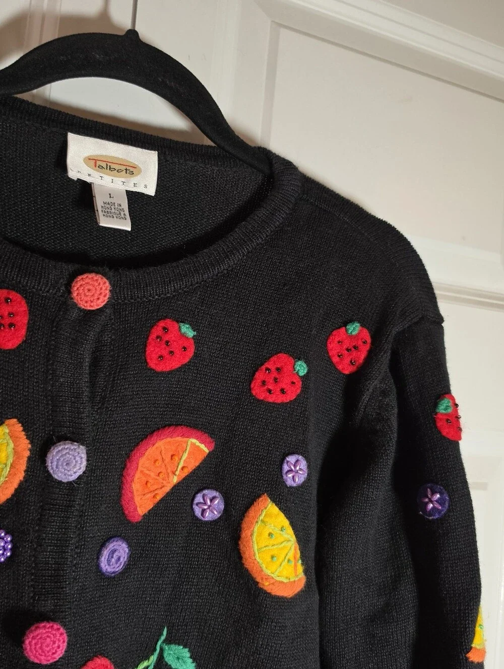 Talbots Petites Vintage Fruit Embroidered Beaded Cardigan Sweater Colorful